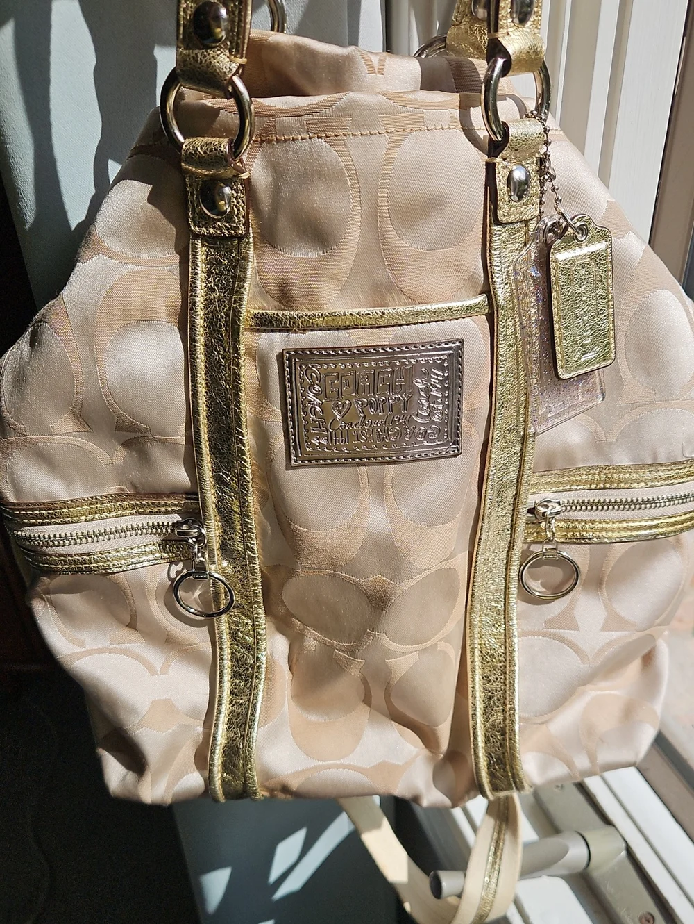 Coach Beige Signature Canvas Purse with Gold Trim